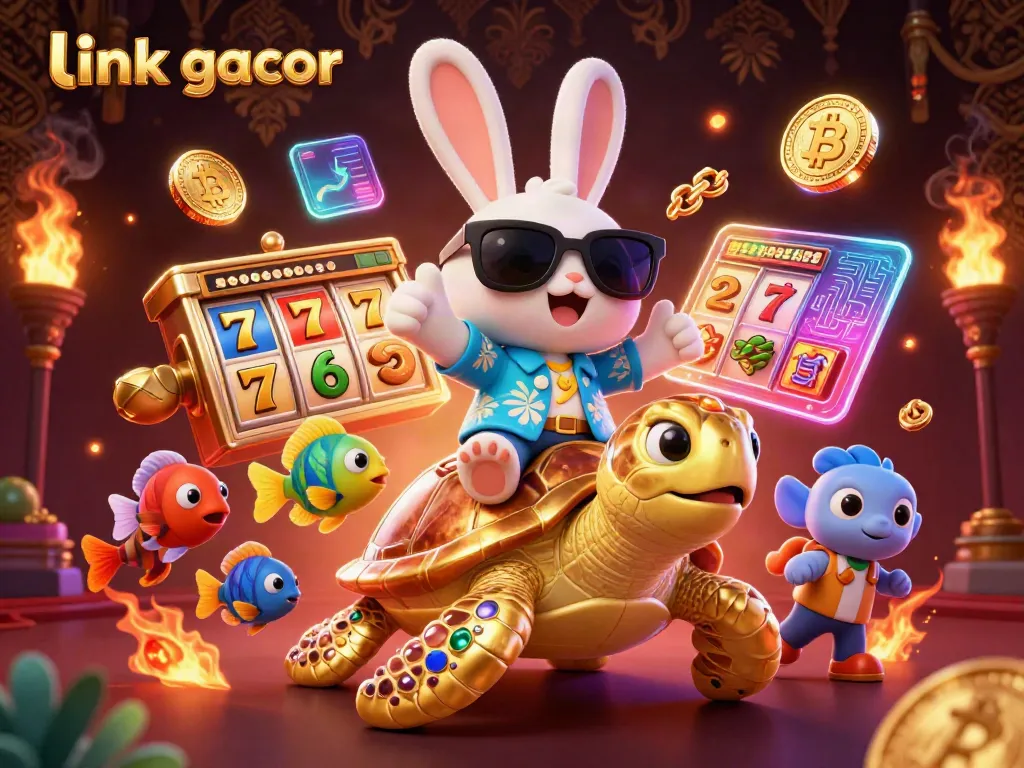 Spin the reels with link gacor at a vibrant online casino scene featuring a joyful rabbit and a golden turtle.