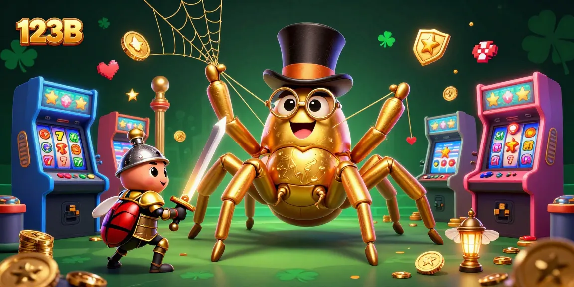 Engage with the 123B casino experience as a golden tarantula spins its web amidst dynamic gaming elements.