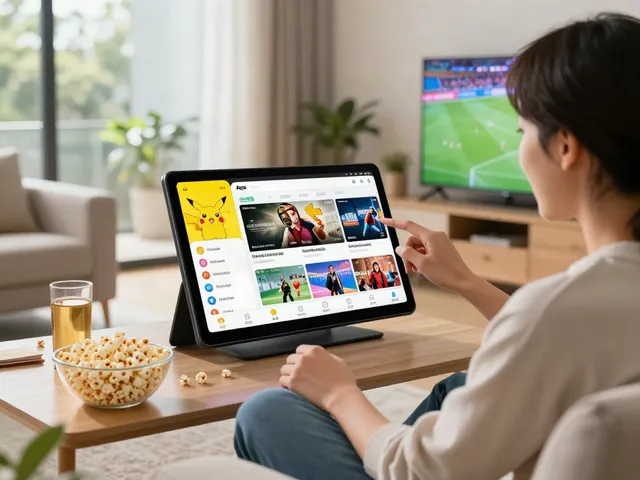 Pikachu App 2026 user enjoying free streaming of movies and live sports in a cozy living room.