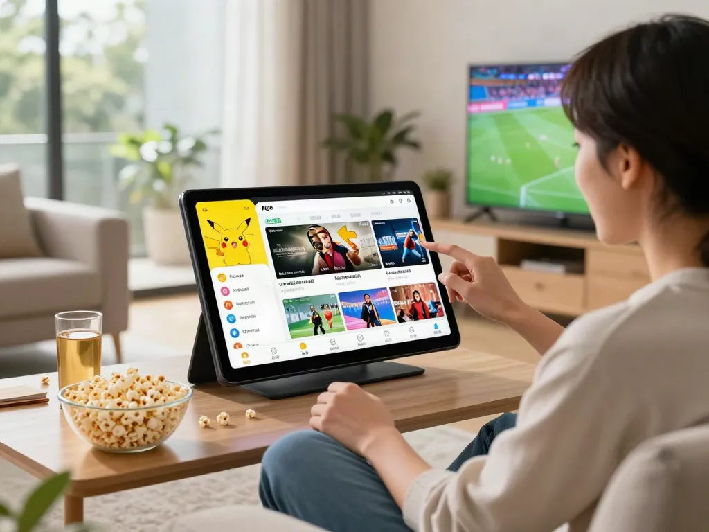 Pikachu App 2026 user enjoying free streaming of movies and live sports in a cozy living room.