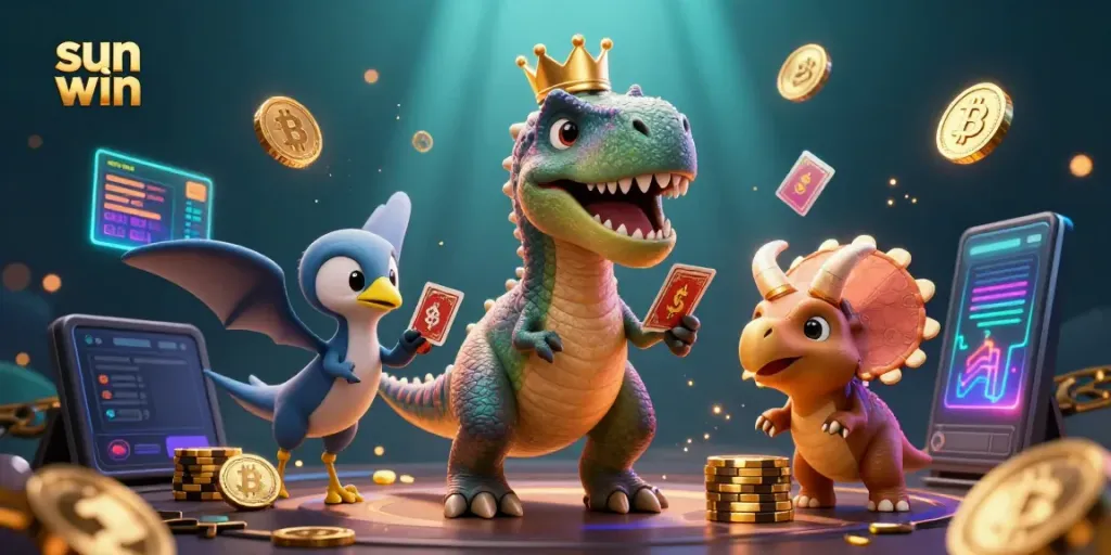 Win big with sun win in a vibrant 3D casino scene showcasing a T-Rex, pterodactyl, and triceratops.