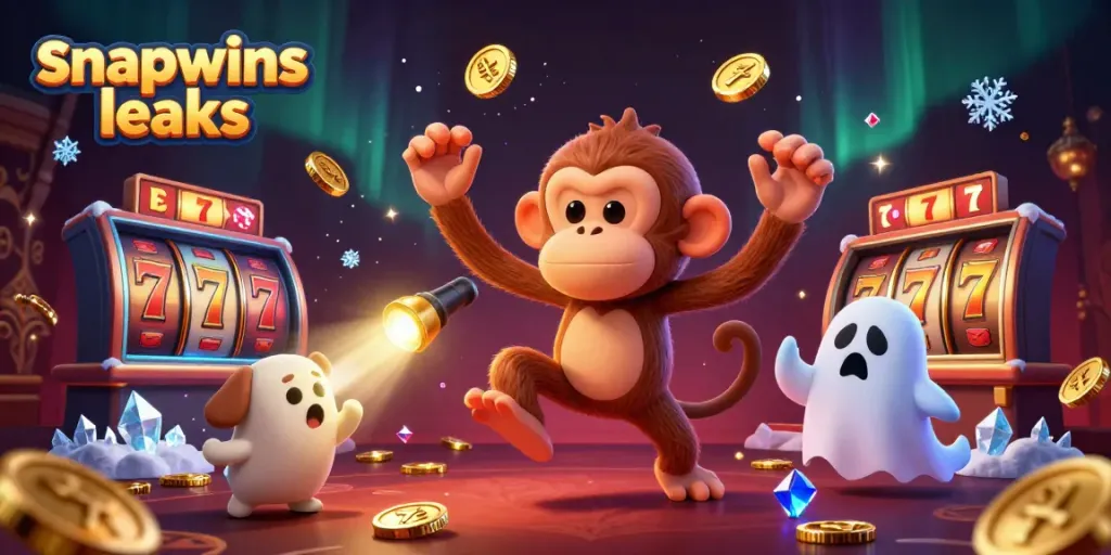 Engage with snapwins leaks in this dynamic casino illustration featuring a playful poltergeist monkey amidst stacked slot reels.