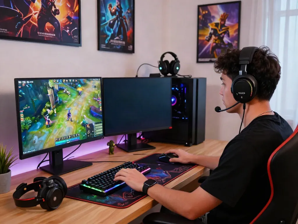 Rokok88 gaming setup with RGB keyboard, gaming monitor, and headset