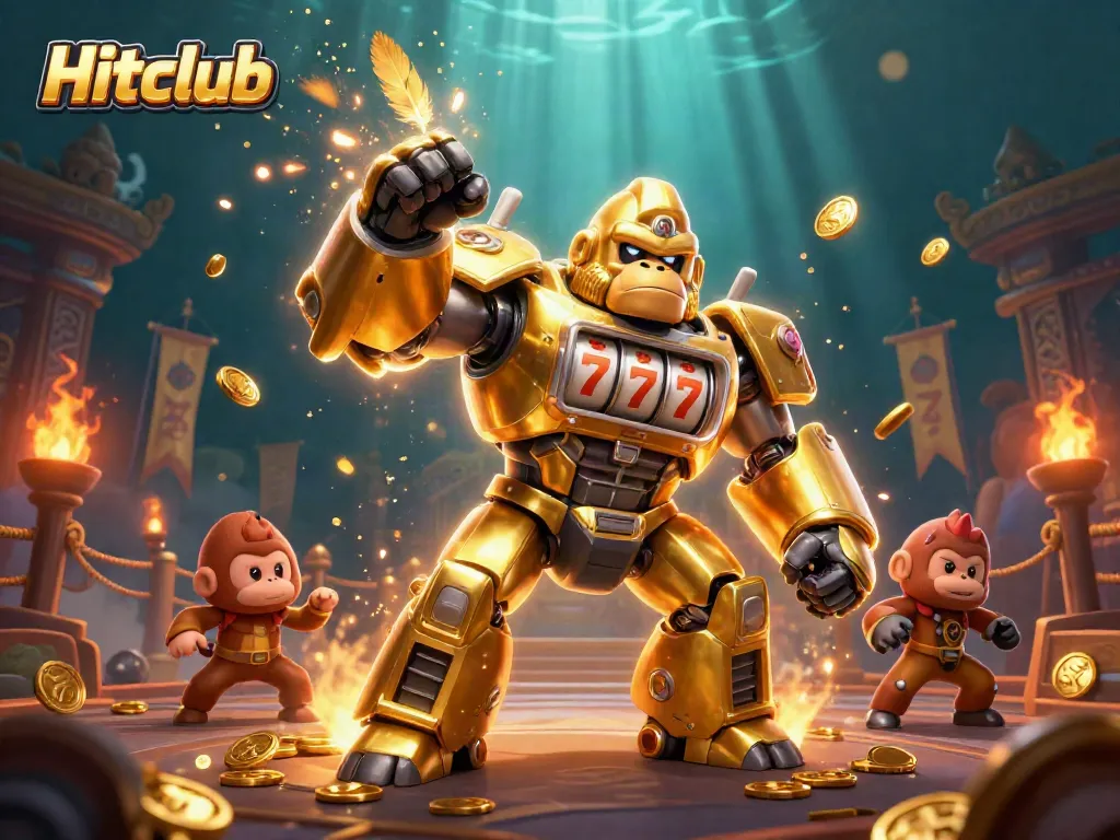 Hitclub gaming scene with a mech gorilla and monkey pilot exploding coins in a casino arena
