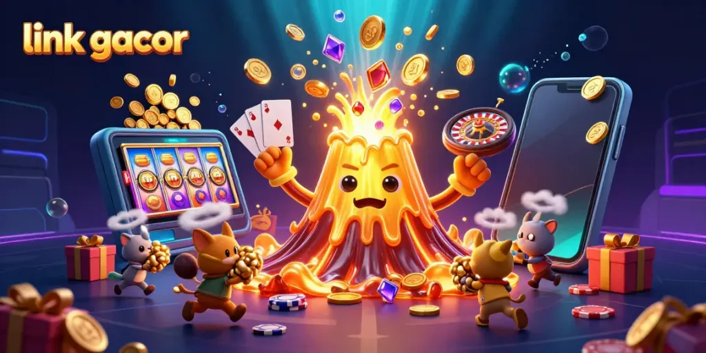 Engage with the exciting world of link gacor slots under a triumphant volcano bursting with treasure.
