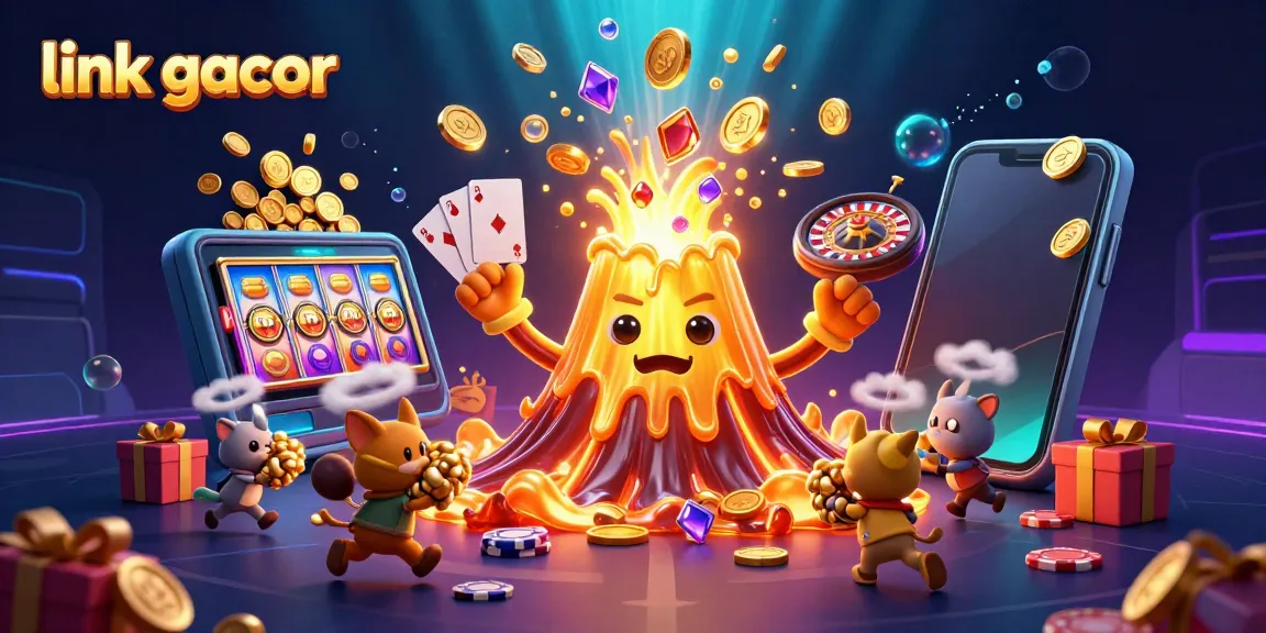 Engage with the exciting world of link gacor slots under a triumphant volcano bursting with treasure.