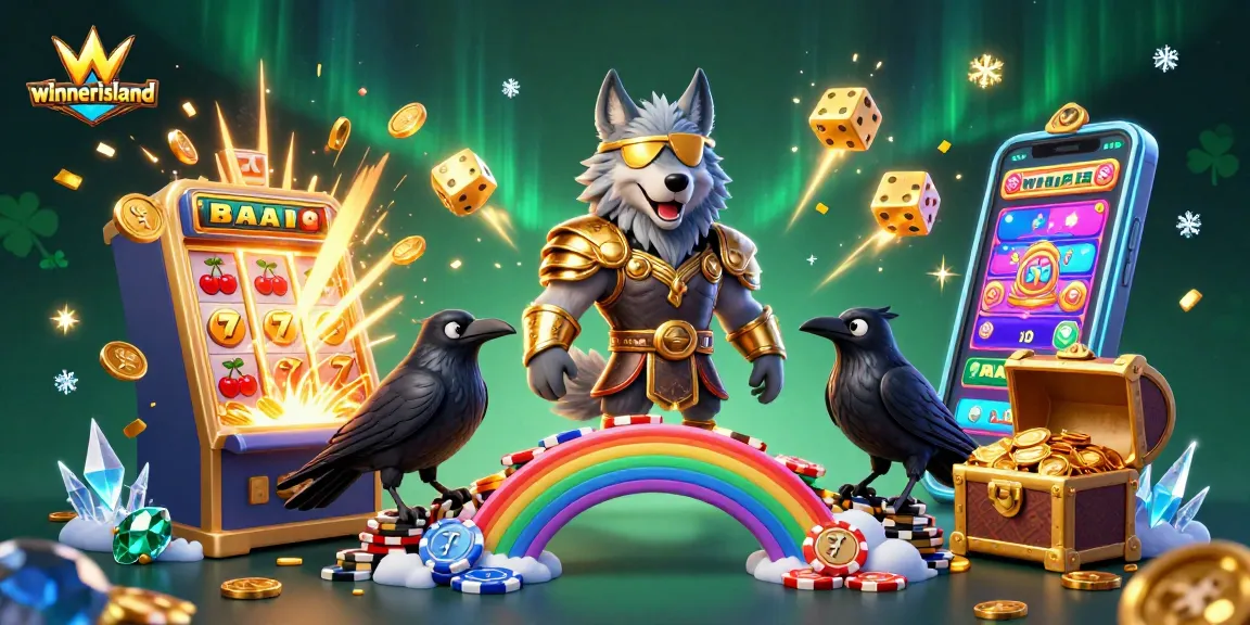 Experience the thrill of winnerisland casino with a vibrant illustration featuring Odin, gaming elements, and a jackpot explosion.