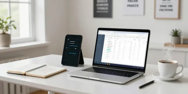 Een gratis boekhoudprogramma zzp wordt gebruikt op een moderne bureau in een lichte kantooromgeving met notities en een laptop.