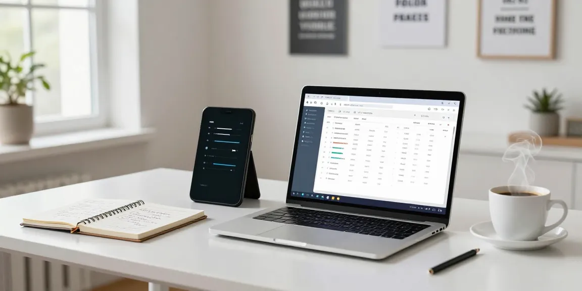 Een gratis boekhoudprogramma zzp wordt gebruikt op een moderne bureau in een lichte kantooromgeving met notities en een laptop.