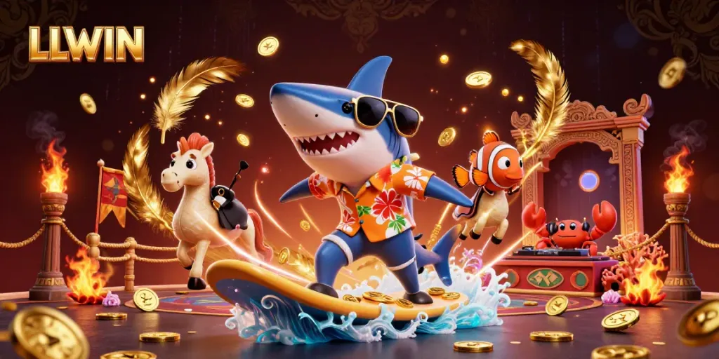 Engage with LLWIN's vibrant casino atmosphere featuring a shark surfing gold coins with dynamic characters.