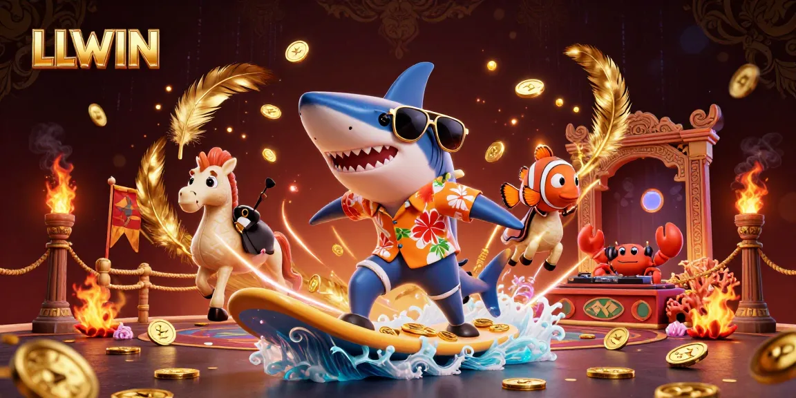 Engage with LLWIN's vibrant casino atmosphere featuring a shark surfing gold coins with dynamic characters.