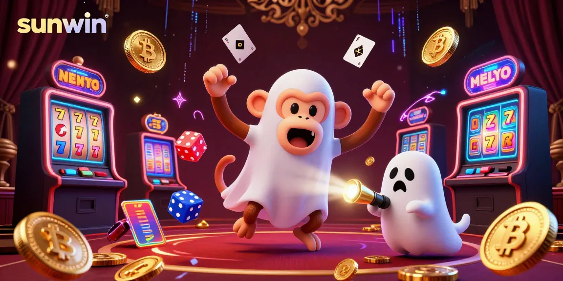Experience thrilling gameplay at sunwin’s lively haunted casino with a mischievous monkey juggling golden slots and cryptocurrency.
