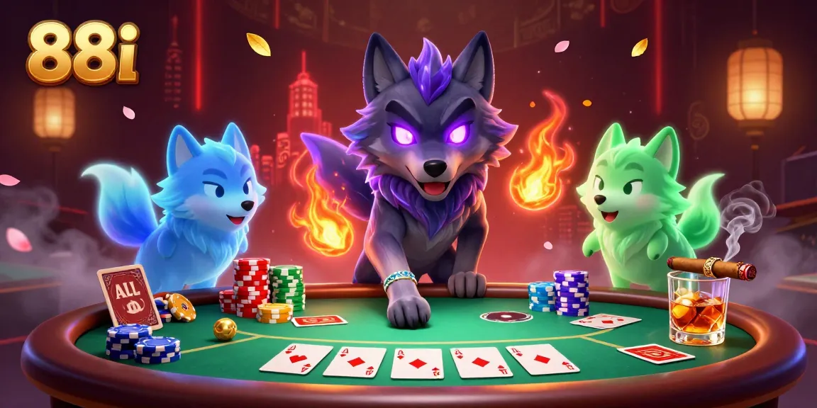 Engage in high-stakes poker with the dynamic 88i casino illustration featuring enchanting wolves.