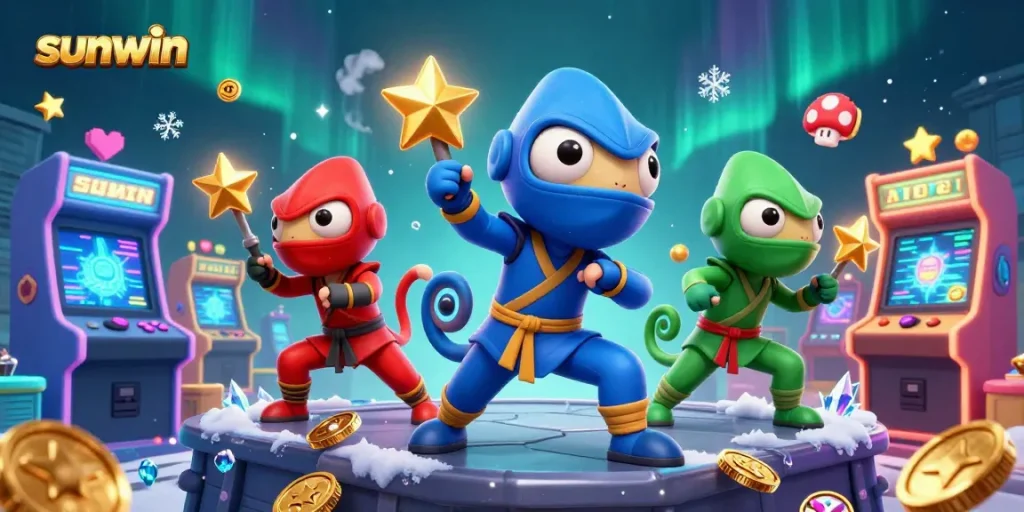 Experience exciting gaming action at sunwin with dynamic chameleon ninjas surrounded by colorful arcade games.