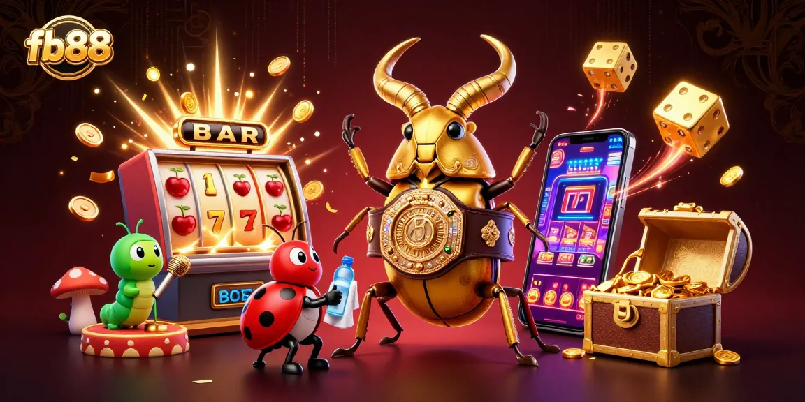 Experience thrilling gameplay at fb88 with a giant beetle boxing champion surrounded by colorful slot machines and festive atmosphere