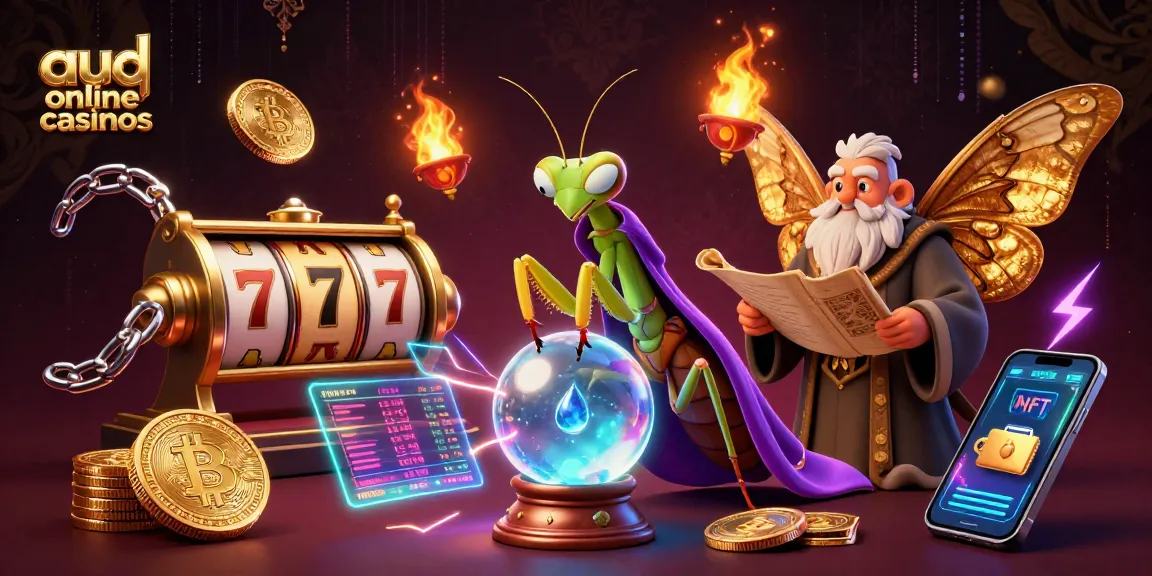 Engage with aud online casinos through vibrant 3D illustration featuring fortune teller and gaming elements.
