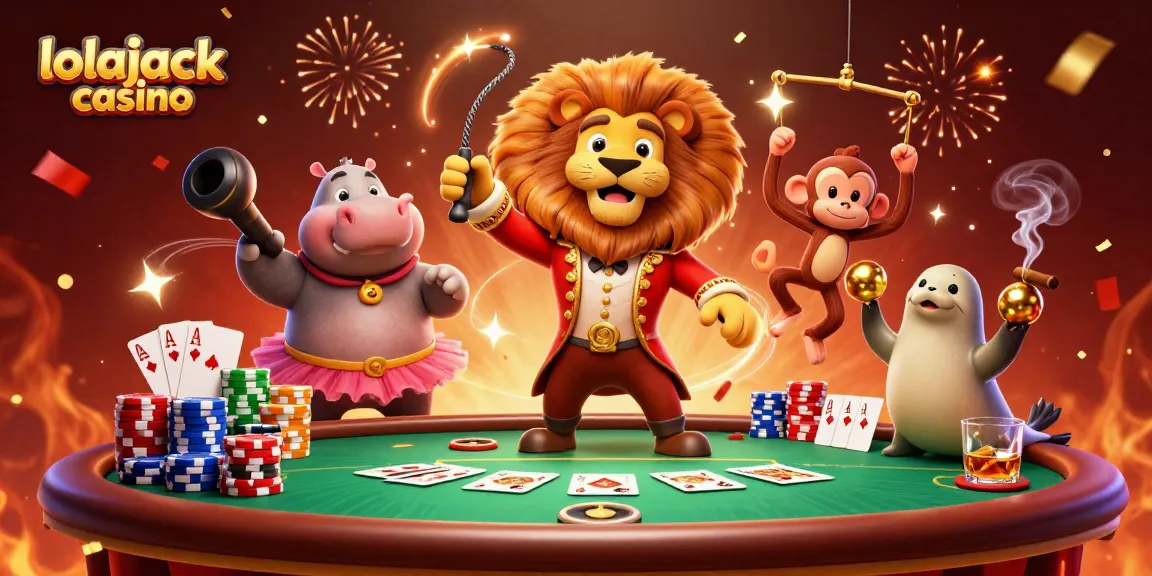 Celebrate wins at lolajack casino with vibrant circus-themed 3D illustration filled with casino elements.